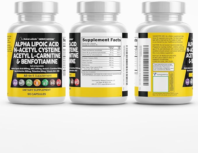 Alpha Lipoic Acid 600mg N-Acetyl Cysteine 600mg Acetyl L-Carnitine 500mg Benfotiamine 300mg - Nerve Support Supplement for Women and Men with Vitamin B1 B6 & B12 - Made in USA 90 Caps