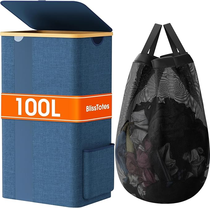 Laundry Basket Clothes Hamper with Lid and Pocket Large Collapsible Laundry Baskets with Handle, Freestanding Hampers for Bedroom Aesthetic, Dorm, Bathroom, Laundry Room (100L,Light Blue)