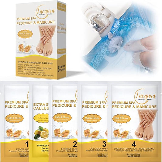 Epsom Salt Soak, Callus Remover Gel, Extreme Sugar Scrub, Collagen Mask & Shea Butter Lotion – Professional Spa Foot Care System 5 Step Luxury Pedicure Kit. Milk & Honey 12 Set