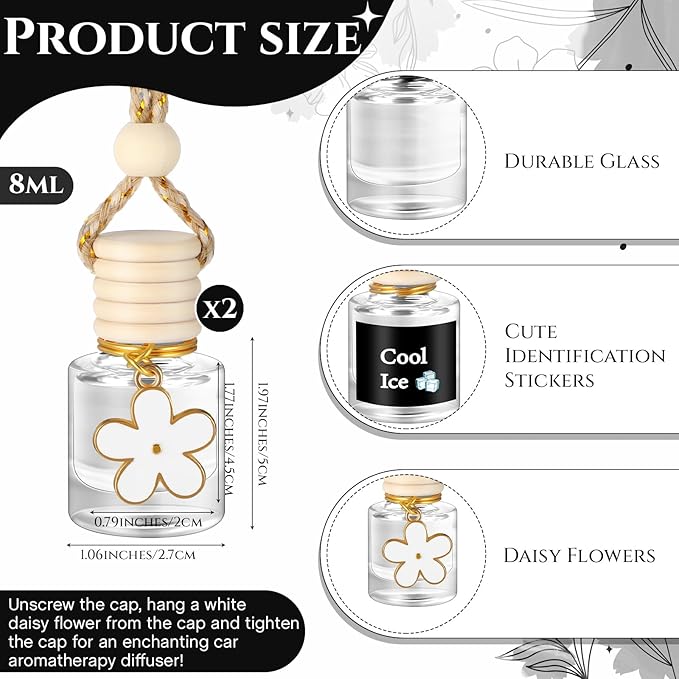 2 Sets Hanging Car Air Freshener and Essential Oil Diffuser, Car Air Freshener Daisy Essential Oil Diffuser Long Lasting Automobile Aromatherapy(White,Cool Ice)