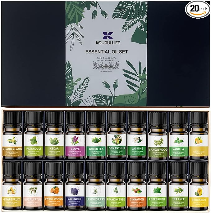 Essential Oils Set of 20x10ml, 100% Organic Essential Oil, Lavender, Ylang Ylang, Tea Tree, Eucalyptus Scented Oil, Essential Oils for Diffusers for Home, Candle Making, Humidifiers (20)