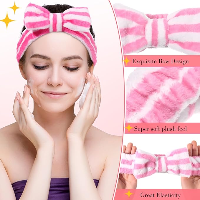 WILLBOND Spa Headband Bow Hairband Facial Makeup Women Face Wash Adjustable Skincare Headbands Flannel Towel Soft Head Wraps for Women Shower Washing Face(Cute,24 Pieces)