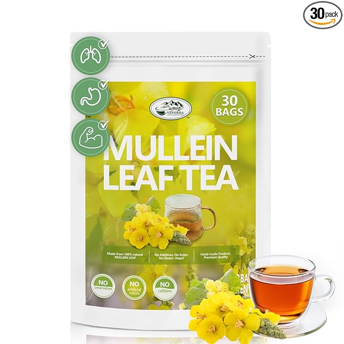 Veyorra Mullein Leaf Tea Bags - 100% Natural & Pure from Mullein Leaves.3g/Bag Non-GMO & Caffeine-Free, Loose Leaf Mullein Herbal Tea For Detox & Respiratory Support (30Bags)