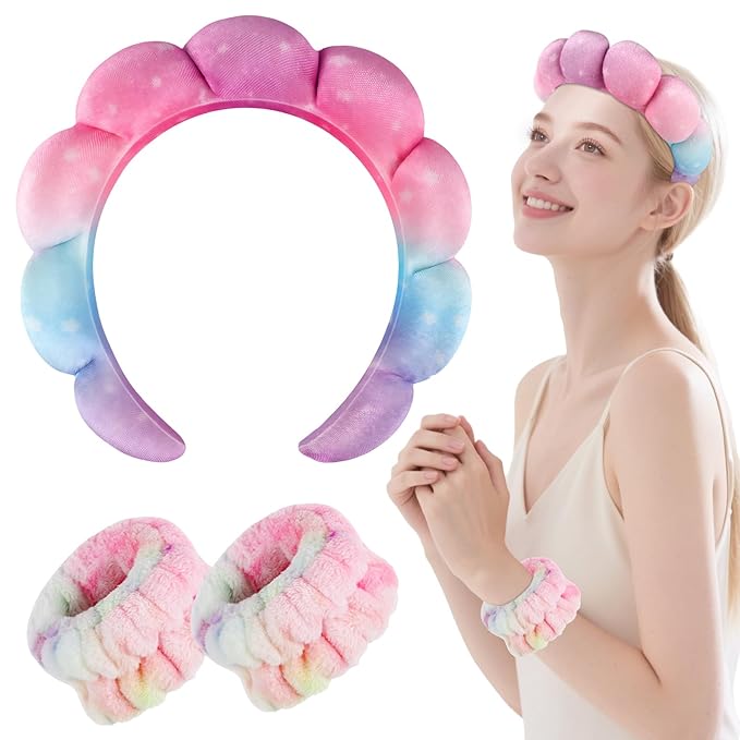 Zkptops Spa Headband for Washing Face Wristband Set Sponge Makeup Skincare Velvet Fabric Bubble Soft Get Ready Hairbands for Women Puffy Headwear Non Slip Thick Thin Hair Accessory(Star)