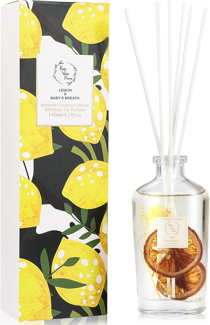Reed Diffuser Set, Pretty Valley Home Diffuser 140Ml / 4.73 fl OZ Gift Box - Includes Reed Diffuser Sticks, Long Lasting Fragrance Oil and Glass Bottle for Office Living Room Decor (Lemon)