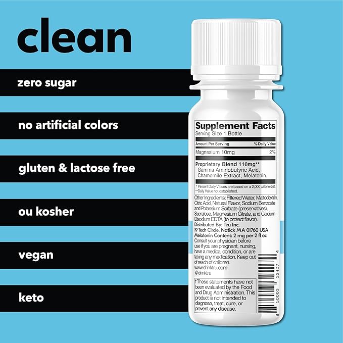 Tru Dream Shot, Extra Strength Sleep Supplement with Melatonin, GABA, Chamomile & Magnesium, Cherry Berry Flavored Wellness Drink, Gluten Free, Vegan, Caffeine & Sugar Free, 2 FL OZ Bottles, 12 Pack