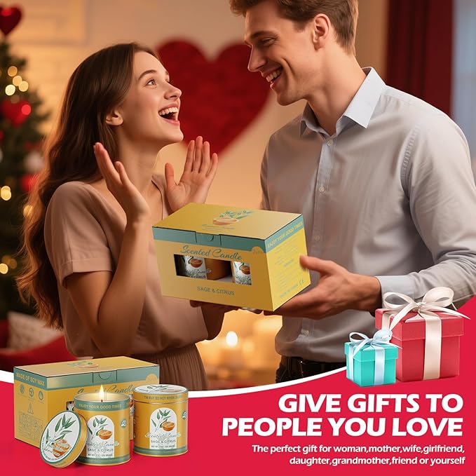 Sage&Citrus Scented Candles Gift Set | 2Pack 18oz 8% Essential Oils 80H Burn | Pure Soy Wax for Aromatherapy Tin Jar Candle | Meditation, Yoga,Smokeless, Relaxation&Sleep Aid Gift Set for Men&Women