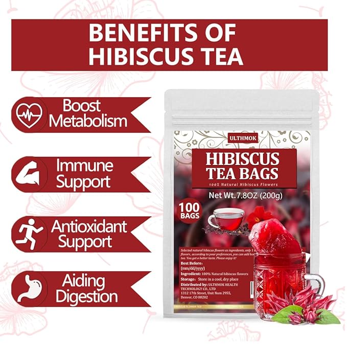 Premium Hibiscus Tea Bags,100 Tea Bags/7.06 Oz,100% Pure Dried Hibiscus Flower,Natural & No Additives,Caffeine Free.
