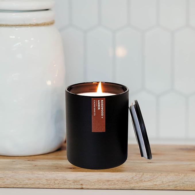 Calyan Wax Co. Soy Wax Candle, Rosewood + Amber Scented Candle, 75 Hour Burn Time, Aromatherapy Soy Candles, Non Toxic & Vegan Soy Wax, Black Tumbler Scented Candles, 13oz