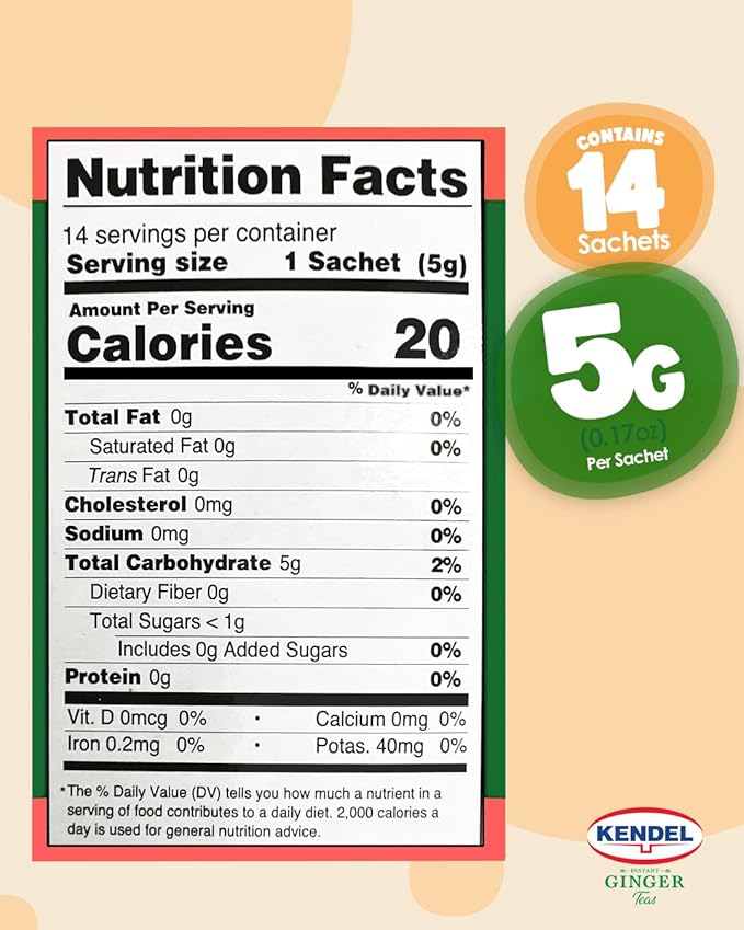 Kendel Instant Ginger Teas (Ginger-Tumeric Unsweetened, 14), Caffeine Free, Soothing flavor, Non-GMO