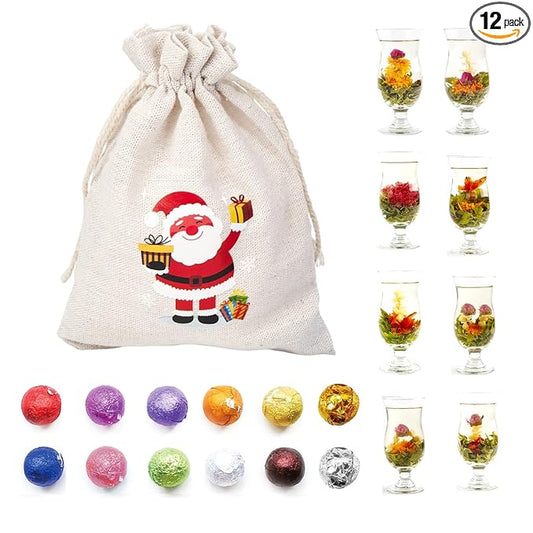 12 Assorted Blooming Flower Tea Balls Gift Set| Handmade Herbal Flowering Tea Balls Variety Individual Packing| Blooming Green Teas with Flowers for Teas Lovers, Anniversary, Valentine, Birthday (Christmas Bag)