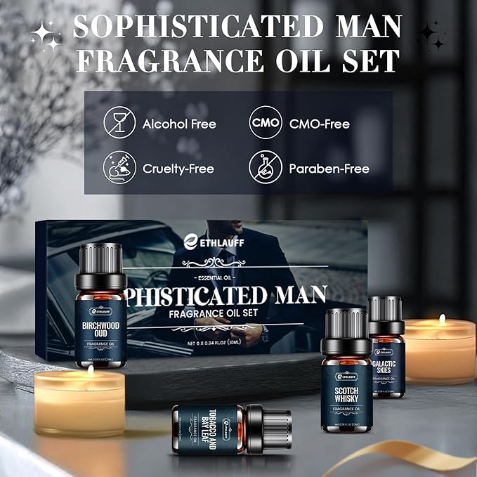 Men Essential Oils Set - TOP 6 Gentlemen's Fragrance Oil for Diffuser, Candle & Soap Making - Tobacco and Bay Leaf, Kentucky Bourbon, Galactic Skies, Scotch Whisky, Birchwood Oud