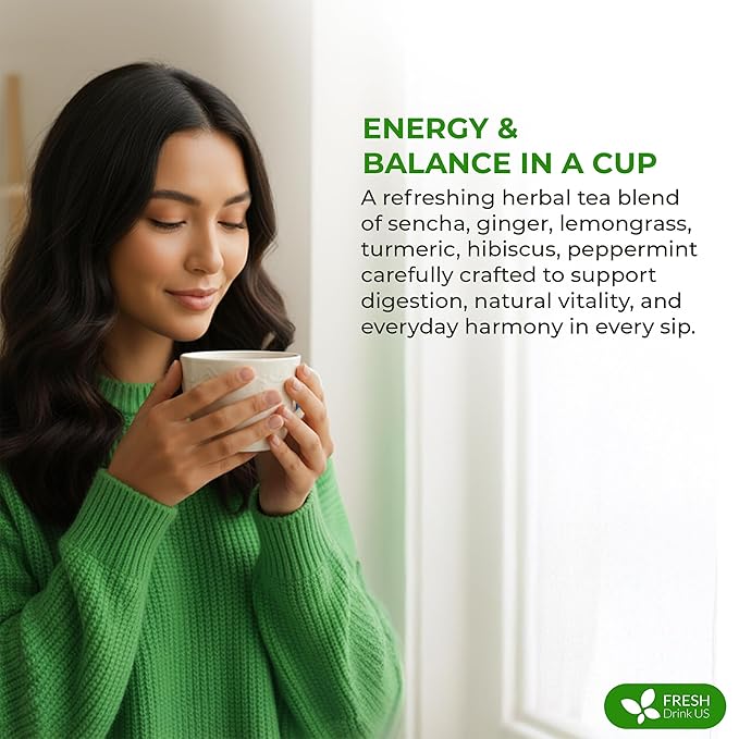 FreshDrinkUS, Premium Green Ginger Tea | 75 Tea Bags | Sencha Green Tea with Ginger, Lemongrass, Turmeric, Hibiscus & Peppermint | Natural Herbal Blend | Comfort & Refreshing, Vegan