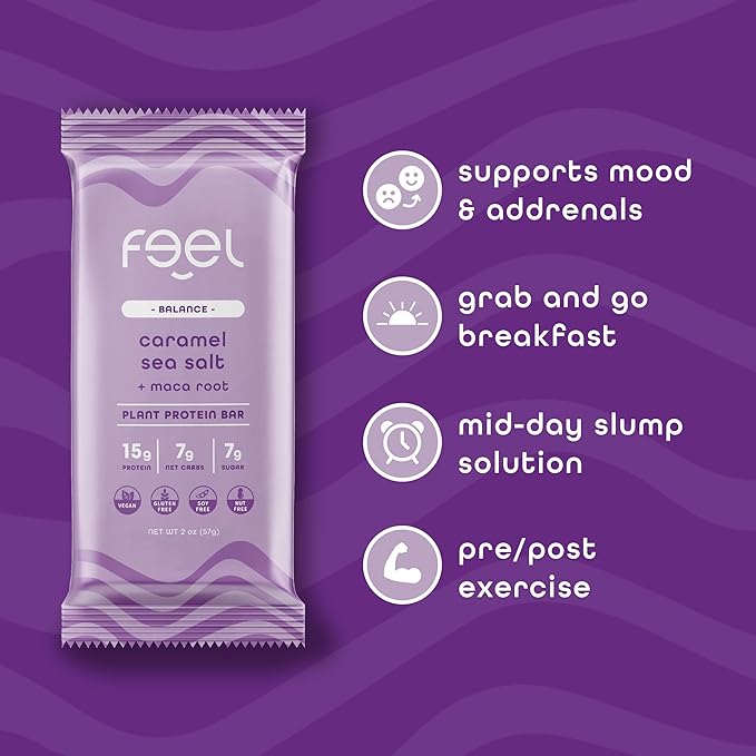 Feel Vegan Protein Bars | Caramel Sea Salt | Keto | Gluten Free | Organic | Maca Root | 15g Plant Protein | Low Carb | High Protein | Dairy Free | Low Sugar | Nut, Grain, Soy Free | 10 Pack