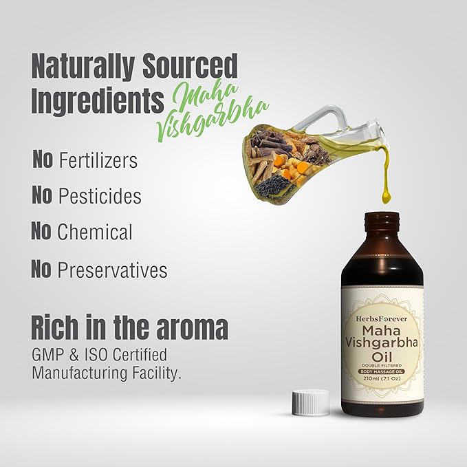 HerbsForever Maha Vishgarbha Oil Authentic Ayurvedic Massage Oil Supports Blood Circulation Improves Joint and Ligament Health Cold Pressed Premium Oil Non GMO, 7.1 fl oz