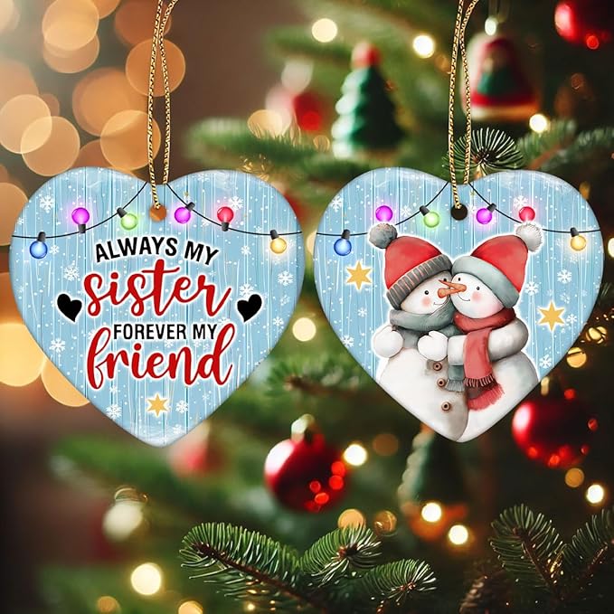 1pc 2 Side Printed My Sister Forever My Friend Ceramic Ornament 2025, Heart-Shaped Christmas Tree, Cute Keepsake Decoration