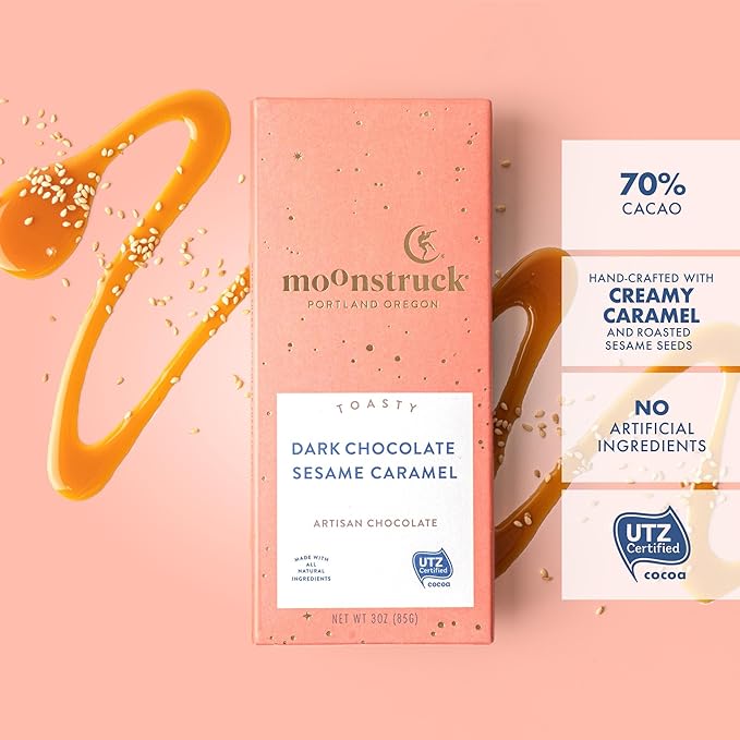Moonstruck Chocolate Sesame Caramel Dark Chocolate Bar, 73% Cacao, 3.0oz (Pack of 4)