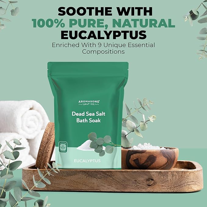 Aromasong Dead Sea Salt - Fine Grain Spa Bath Salt Eucalyptus Scent 14 Oz – 100% Pure & Natural - Soak for Women & Men for Skin Issues and to Relax Tired Muscles