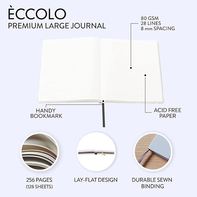 Eccolo Large Lined Journal Notebook, Hardbound Cover, Writing Journal, 256 Ruled White Pages, Ribbon Bookmark, Lay Flat, Desk Size for Work or School, White Marble (8x10 inches)