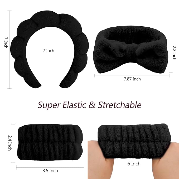 VELSCRUN 6 Pack Spa Headband, Makeup Headband, Face Wash Headbands, Skincare Headbands, Black Sponge Hair Band Bow Tie Spa Head Band for Washing Face Wristband Set Hair Accessories for Women Gifts