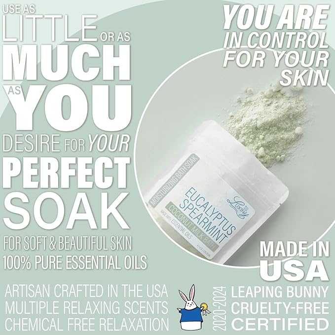 Luxiny Vegan Milk Bath Soak Made with Moisturizing Coconut Milk Powder, Essential Oil, & Sweet Almond Oil for a Bath Bomb Dust Soothing Fizz & Relaxing Soak, 8 oz. (Eucalyptus Spearmint)