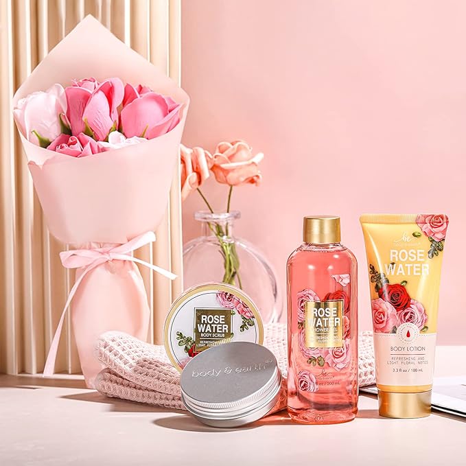 Mothers Day Gifts for Mom, Spa Birthday Gift Baskets for Women Her Wife Girlfriend, with Rose Scented Shower Gel, Body Scrub, Body Lotion, Hand Soap