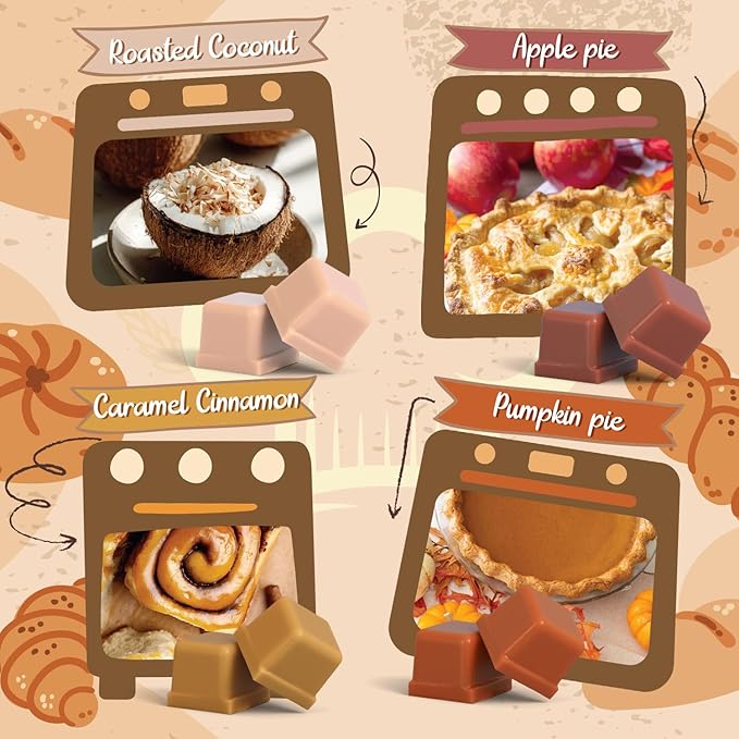 Bakery Scented Wax Melts, Sweet, Strong Scented Soy Wax Cubes/Tarts Variety Set - Apple Pie, Pumpkin Pie, Caramel Cinnamon, Chocolate Cookie, Donut, Vanilla Almond Biscuit, Roasted Coconut, Toffee