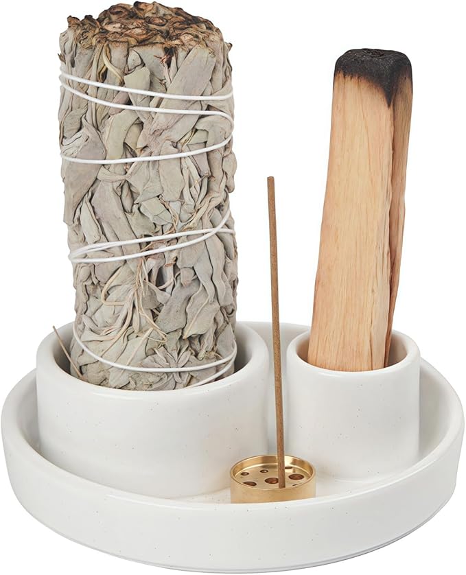 4 in 1 Incense Holder, Palo Santo Stick Holder,Sage Holder for Burning- 4.25" Sage Incense Holder for Meditation Room Home Decor (White Speckles)