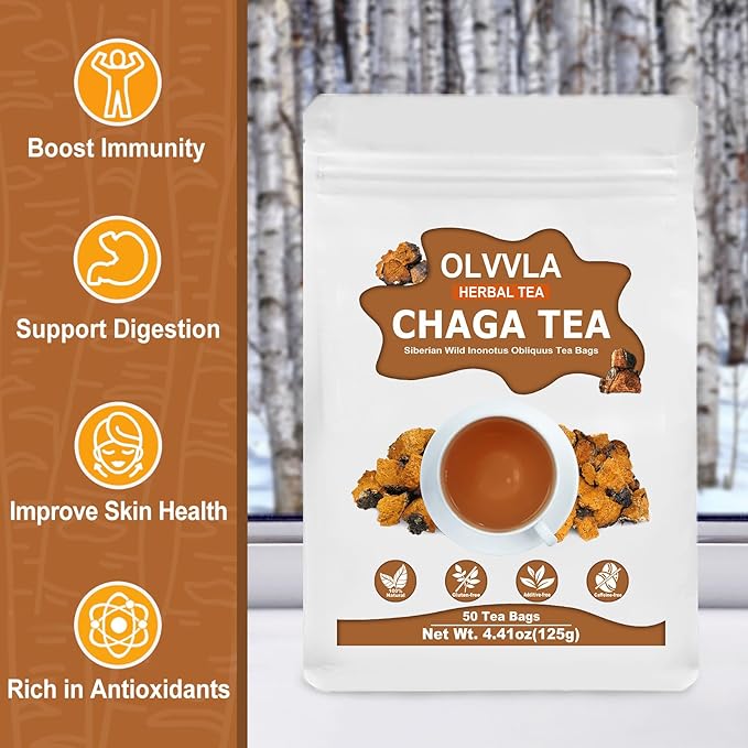 Olvvla - Chaga Tea Bags - 2.5g X 50 Count - 100% Wild Natural Chaga Mushroom Herbal Tea - Sourced from Siberia - Caffeine Free - Gluten-Free - Rich in Antioxidants