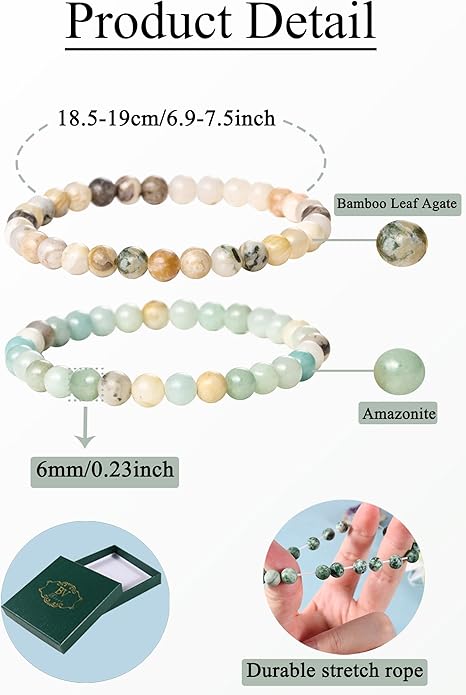 Bivei Natural Gemstone Semi Precious Healing Crystals Handmade Stretchy Round Beads Bracelet, Enhance Positive Energy