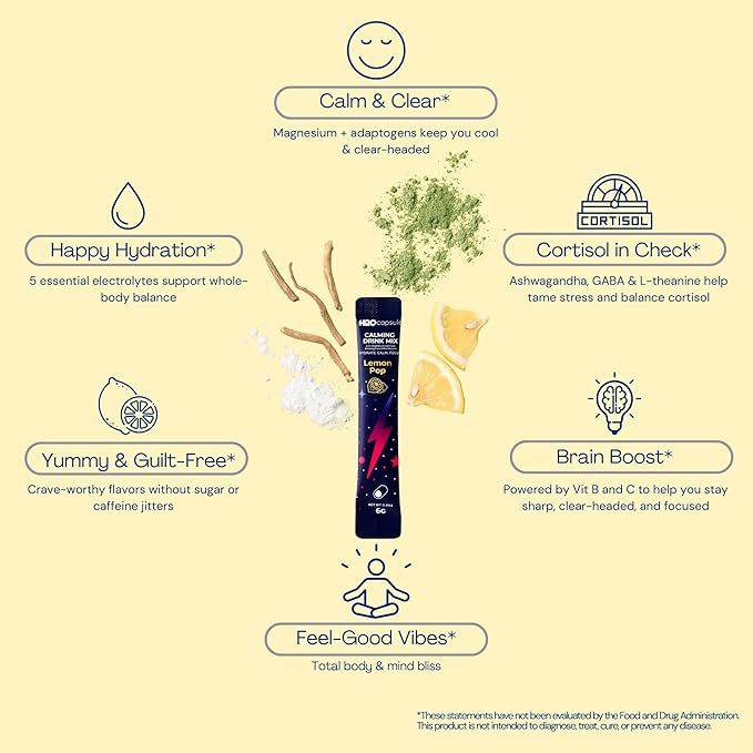 Calm Magnesium Glycinate Drink Mix with Electrolytes – Sugar Free Powder with Ashwagandha, L-Theanine, Vitamin B & GABA – Cortisol Support, Stress Relief, Hydration & Focus - 20 servings (Lemon)