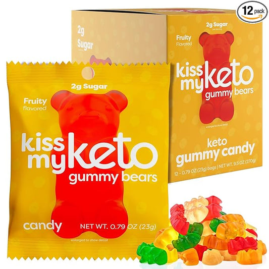 Kiss My Keto Sugar Free Gummy Bears, 12-Pack – Satisfy Cravings while Staying in Ketosis – High Fiber, 3g Net Carbs, Non-GMO, Vegan, & No Gluten – Fruity Sugar Free Gummies