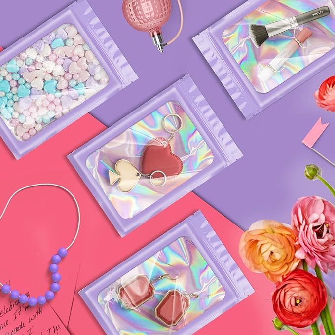 100 Pieces Smell Proof Mylar Resealable Bags, Holographic Packaging Bags, Resealable Odor Foil Pouch Zip Bags with Clear Window for Food Storage and Lipgloss, Jewelry Lash (Purple, 4.3 x 7.5 Inch)