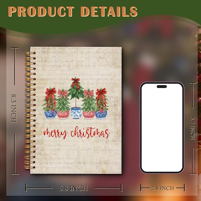 Exqcom Red and Blue Chinoiserie Christmas Tree Spiral Notebook Gifts, Grandmillennial Christmas Retro Journal for Women, Preppy Red Bow Hardcover Notebook Journal Office School Supplies, 5.5x8.3 Inch