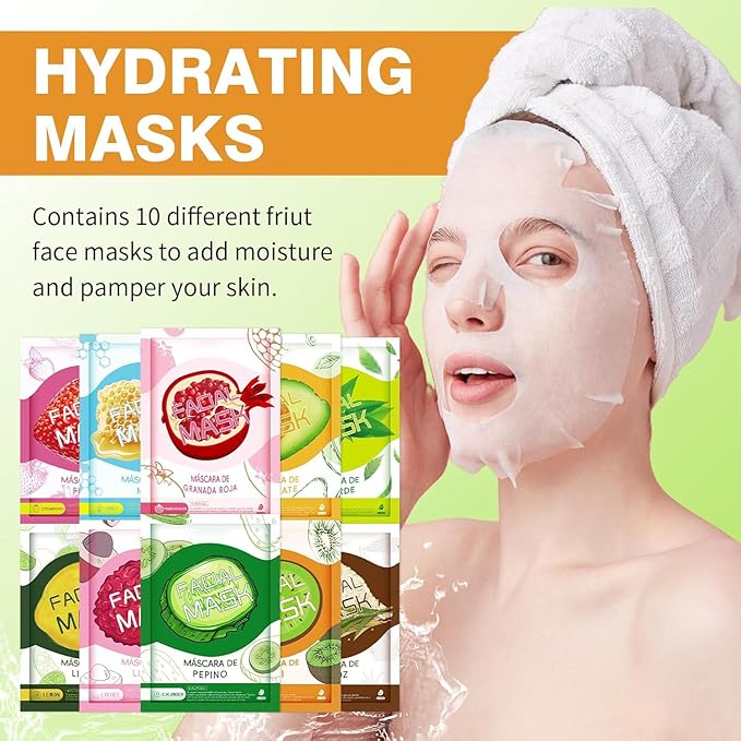 20 Sheets Face Masks Skincare for All Skin Types, Hydrating Face Masks Suitable for Sensitive Skin, Moisturizing Sheet Masks with Natural Ingredients, Bulk Facial Mask for Women