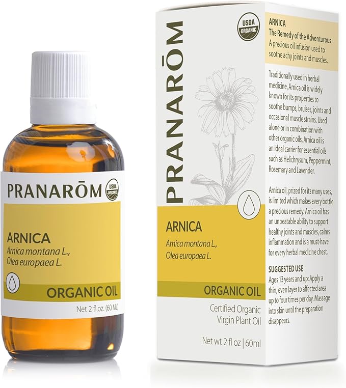 Pranarom - 2 Pack - USDA Certified Organic French Arnica Virgin Plant Oil - 2 fl oz Glass Bottle Each - Massage Oil for Body, Relaxing, Soothing for Joints & Muscles