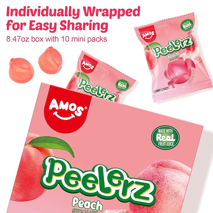 AMOS Peelerz Peach Gummy Candy, Peelable Fruit-Shaped Candy, 10 Snack Packs in Box, Chewy Peach Flavor Treat for Kids and Adults, 240g Box (8.47oz)