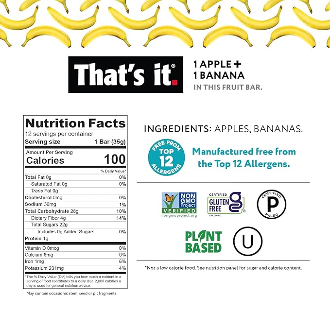 That's it Apple + Banana 100% Natural Real Fruit Bar, Best High Fiber Vegan, Gluten Free Healthy Snack, Paleo for Children & Adults, Non GMO Sugar-Free, No Preservatives Energy Food (12 Pack)