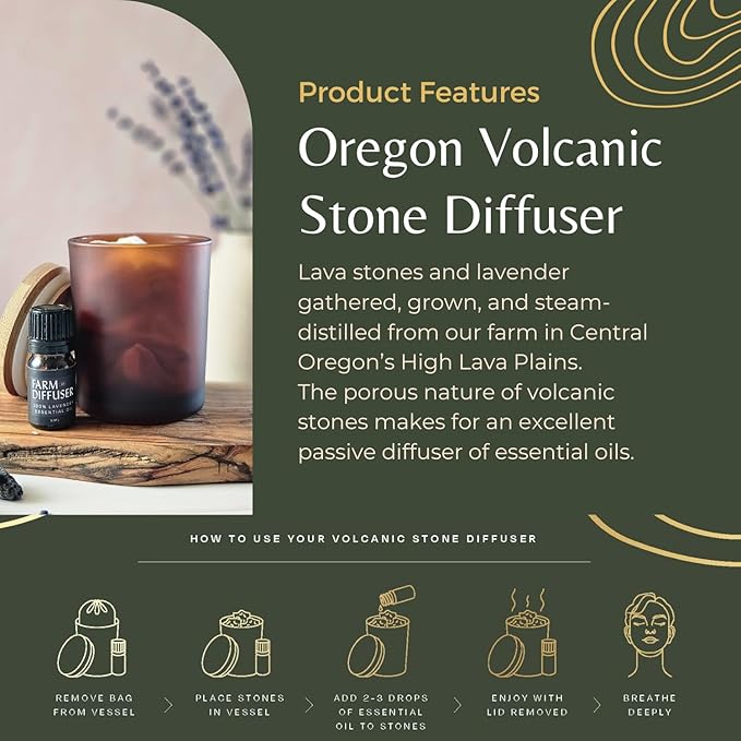 Lava Rock Diffuser and Lavender Essential Oil Set, Volcanic Stone Diffusers for Essential Oils, No Water, Non-Electric, Easy Aromatherapy Gift, Made in USA, Bedtime Self Care Ritual, Home Fragrance