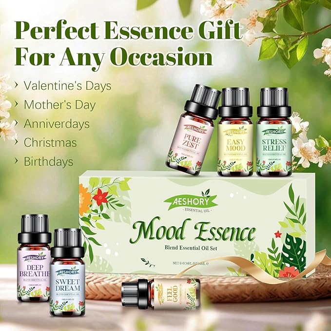 Essential Oils Blend Set,Essential Oils for Diffusers for Home,Stress Relief, Sweet Dream,Deep Breathe,Relax, Air Freshening,Aromatherapy Gifts for Women,DIY Candle Making,Humidifiers, Massage(6x10ml)