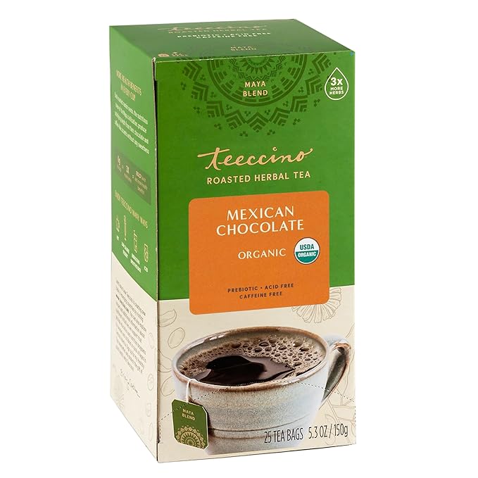Teeccino Mexican Chocolate Herbal Tea - Rich & Roasted Herbal Tea That’s Caffeine Free & Prebiotic for Natural Energy, 25 Tea Bags