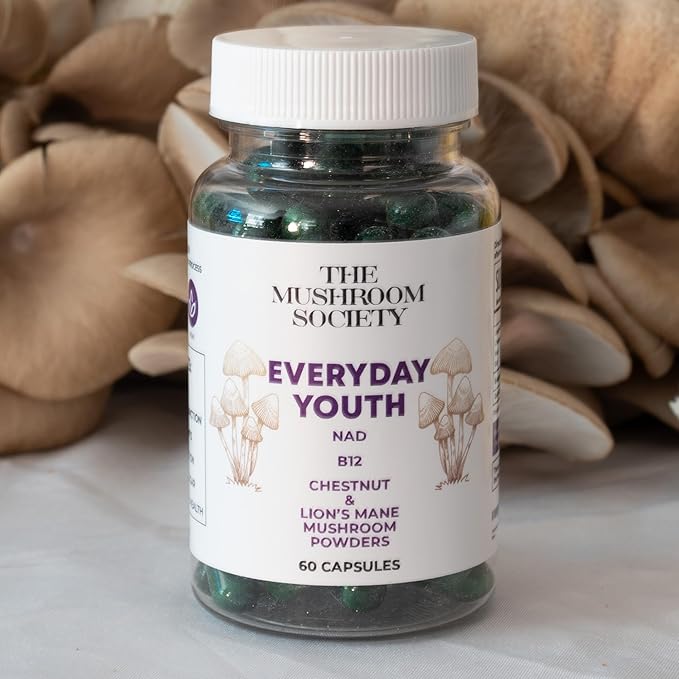 Everyday Youth - Anti-Aging Supplement - Brain & Cellular Energy Formula – Lion’s Mane, Chestnut, NAD, B12 + Beta-Glucans - 60 Vegan Capsules