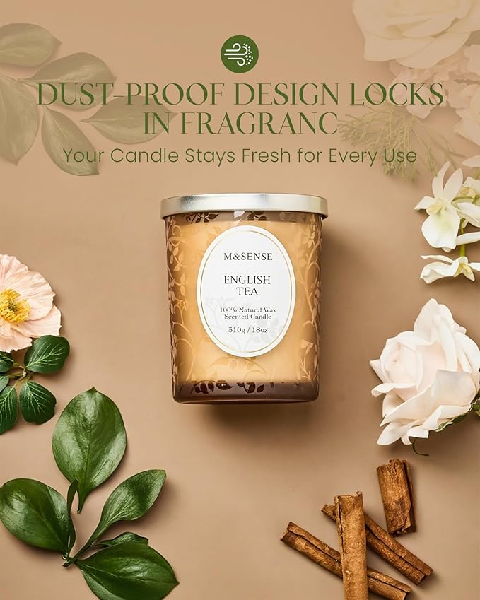 M&SENSE Earl Grey Tea Scented Candle, Cracking Wooden Wick Soy Wax, 18oz 100 Hours Long Lasting Clean Burn, Large Jar Candles for Home Decor, Non-Toxic Relaxing Aromatherapy Gifts for Women