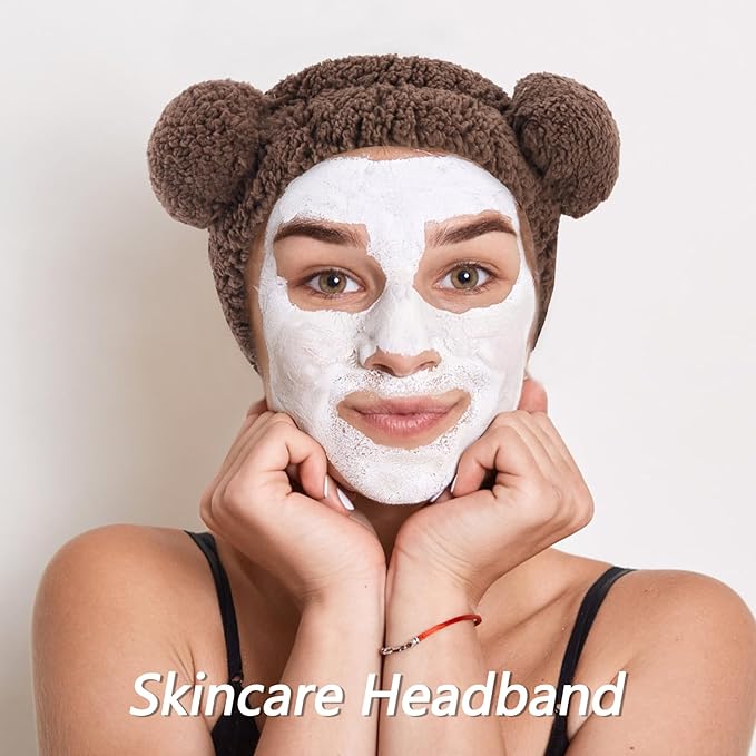 VELSCRUN Spa Headband, Makeup Face Wash Skincare Headbands, 5 Pcs Sponge Get Ready Bear Ears Hairband Facial Wristband Hair Clip Set, Stuff for Teen Girls Women Trendy Hair Accessories Dark Brown