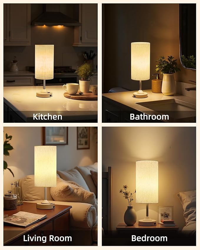 EZVALO Rechargeable Table Lamp, 2-Pack, Dimmable, 2700K, Timer, Touch Control, Portable, LED, Wireless, Cordless e, Battery Operated, Desk Lamp, Kitchen Lamp, Fabric Shade, Wood-Grain Finish, Bedside