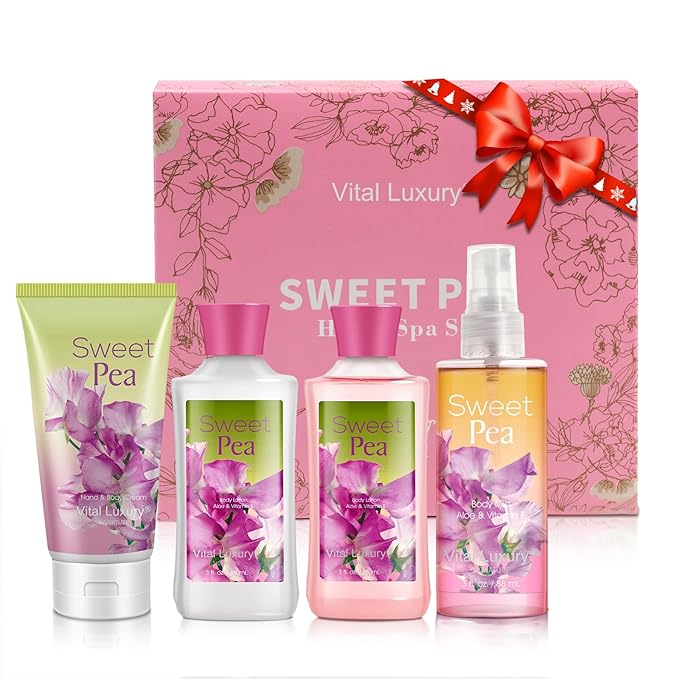 Sweet Pea Bath & Body Kit, 3 Fl Oz, Ideal Skincare Gift Home Spa Set, Includes Body Lotion, Shower Gel, Body Cream, and Fragrance Mist, Birthday Mother's Valentine's Day Gifts for Her