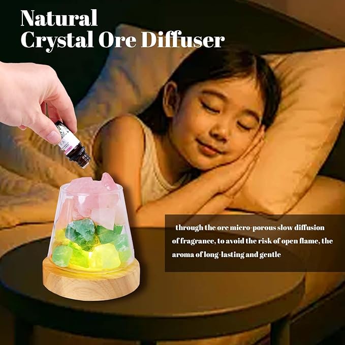 Runyangshi Healing Crystal Night Light Natural Green Fluorite Rose Quartz Raw Stone Aroma Diffuser USB Powered 3 Colour Adjustable Bedside Lamp for Bedroom Living Room Yoga Meditation Home Decor Gift