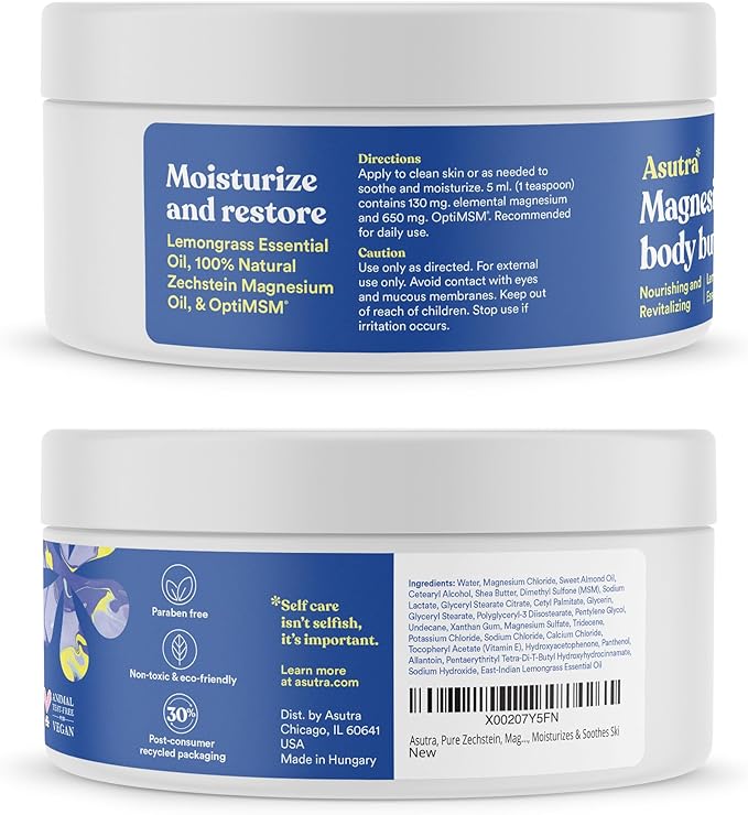 ASUTRA Magnesium Body Butter Lotion, 6.76 oz (Pack of 2), Soothing Shea Butter & Almond Oil Moisturizer, Premium-Quality Magnesium, Lemongrass Essential Oil