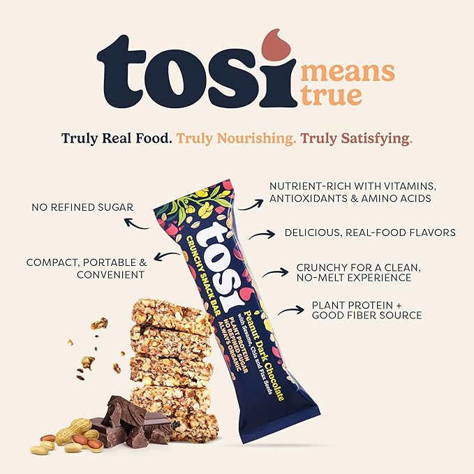 Tosi Peanut Dark Chocolate Protein Bars (8G) - Plant Based Healthy Snacks, Gluten-Free Crunchy Snacks, Vegan & Organic, Flax & Chia Seeds, Soy-Free, Omega 3s, 1 oz, 12-Pack