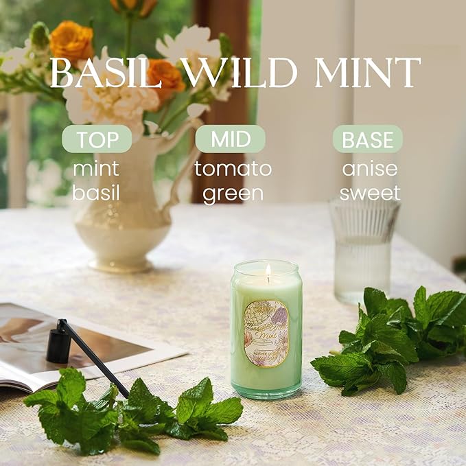 M&SENSE Basil Mint Candles for Home Scented, 10.6 Oz Soy Wax Candles Non Toxic Jar Candle Up to 60 Hours Long Burning Home Fragrance Gift for Stress Relief, Meditation, Yoga
